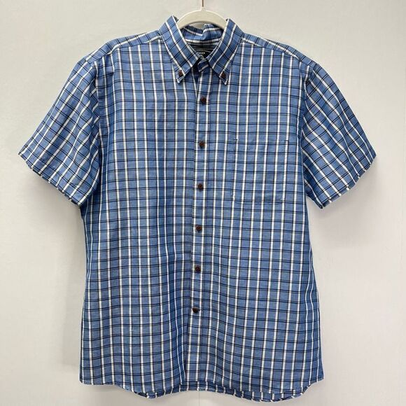 Maker & Company Linen Cotton Blend Blue Plaid Button Front Casual Shirt Size L - Picture 1 of 8